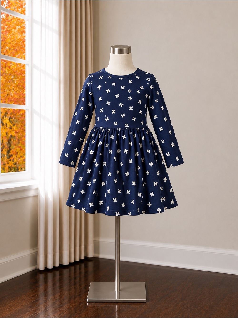 H&M Navy Floral Long-Sleeve Twirl Dress